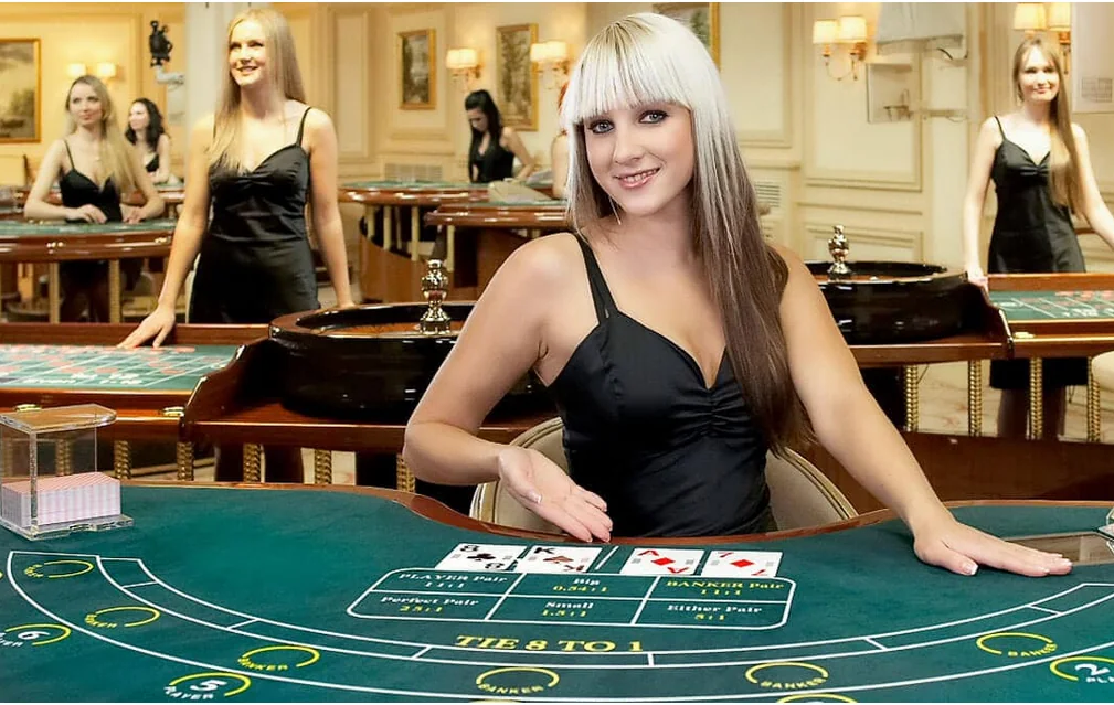 Suasana meja kasino live dengan dealer dan tata letak permainan